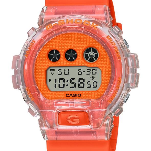 Do you remember the excitement of popping open a surprise capsule toy? G-SHOCK Lucky Drop takes on the bold vibrant colours of Japan’s beloved capsule toys, bringing pop culture to the classic digital DW6900 with its distinctive front buttons. The playful design of the DW6900 dial evokes that exhilarating thrill of a secret surprise. Case size (L× W× H): 53.2 × 50 × 18.7 mm Weight: 67 g Case / bezel material: Resin Resin Band Shock Resistant 200-meter water resistance_0