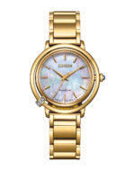 Citizen Gold Ladies Watch Eco-Drive Stainless Steel Case Mother of Pearl Dial 31mm Case Stainless Steel Bracelet, Push Button Buckle Band Sapphire Crystal Glass 50 Meter Water Resistant Classic lines and hints of romance make this newest piece to our ladies' collection; the Citizen L Arising is a glamorous addition. Inspired by the sunrise, this watch features a sleek design that combines the gentle, curving lines of the stainless-steel case with lustrous mother-of-pearl dial to showcase the delicate beauty of the sunrise itself. Continuing to provide sustainable watches, the Citizen L collection uses the elegant designs to reflect the beauty of the planet while evoking the feelings of joy and happiness every time you look at your wrist.Special features also include a 3 set diamond at the 7 o'clock postion, representing the the appearence of the first flash of dawn and extra strap._0