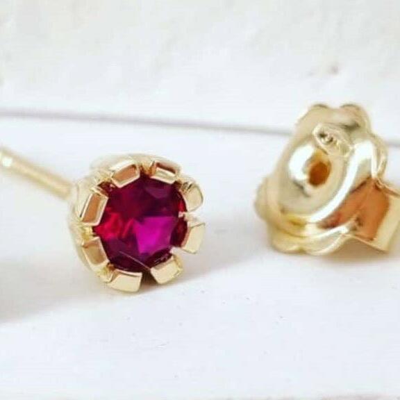 9ct Yellow Gold Synthetic Ruby Studs Hand Made Maree Design_0