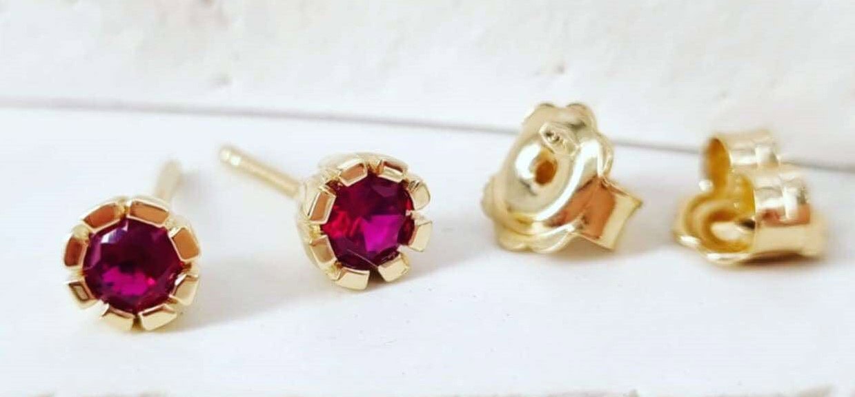 9ct Yellow Gold Synthetic Ruby Studs Hand Made Maree Design_0