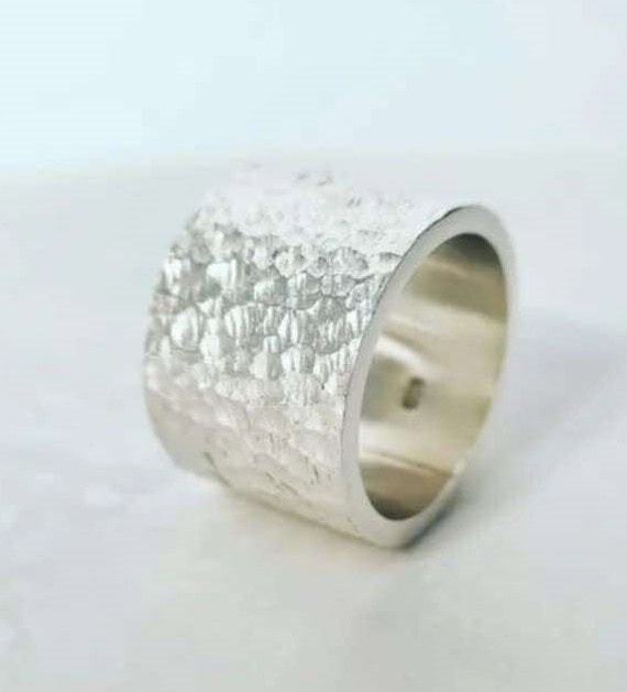 Silver Wide Beaten Ring Hand Made Maree Design_0