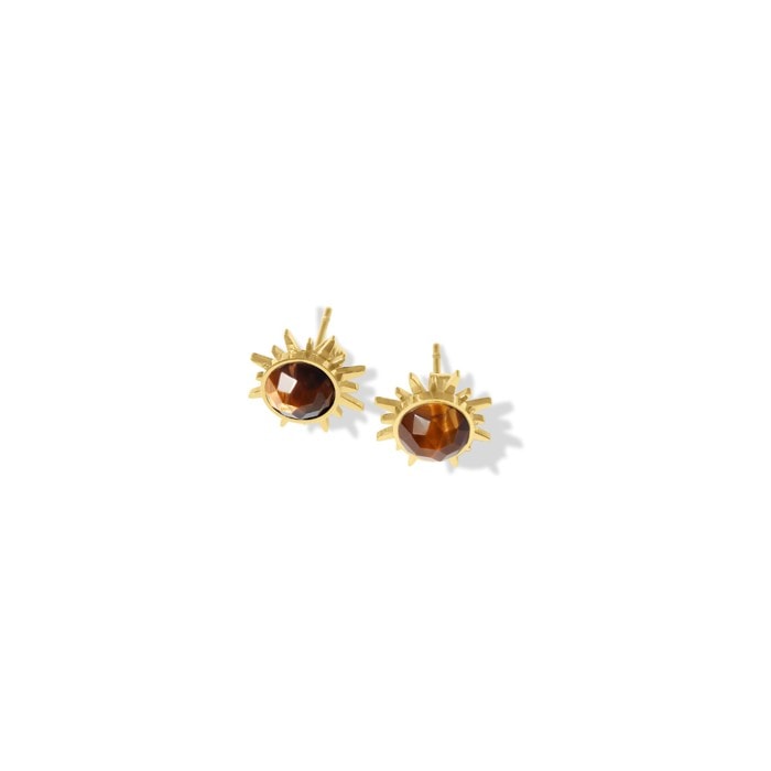 Gold Plated Sun Stud Earrings Tigers Eye_0