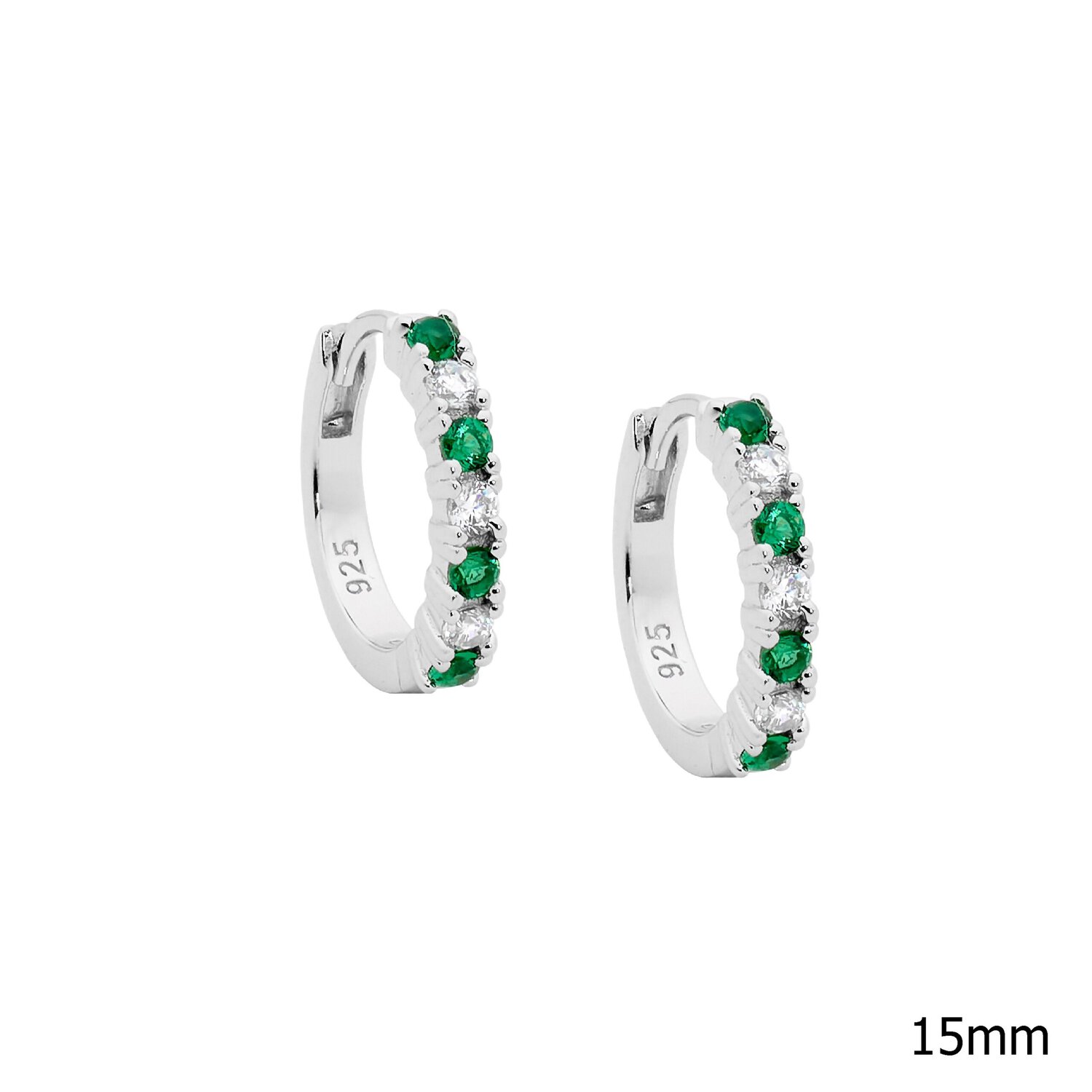 Silver 15mm Huggies with White and Green CZ_0